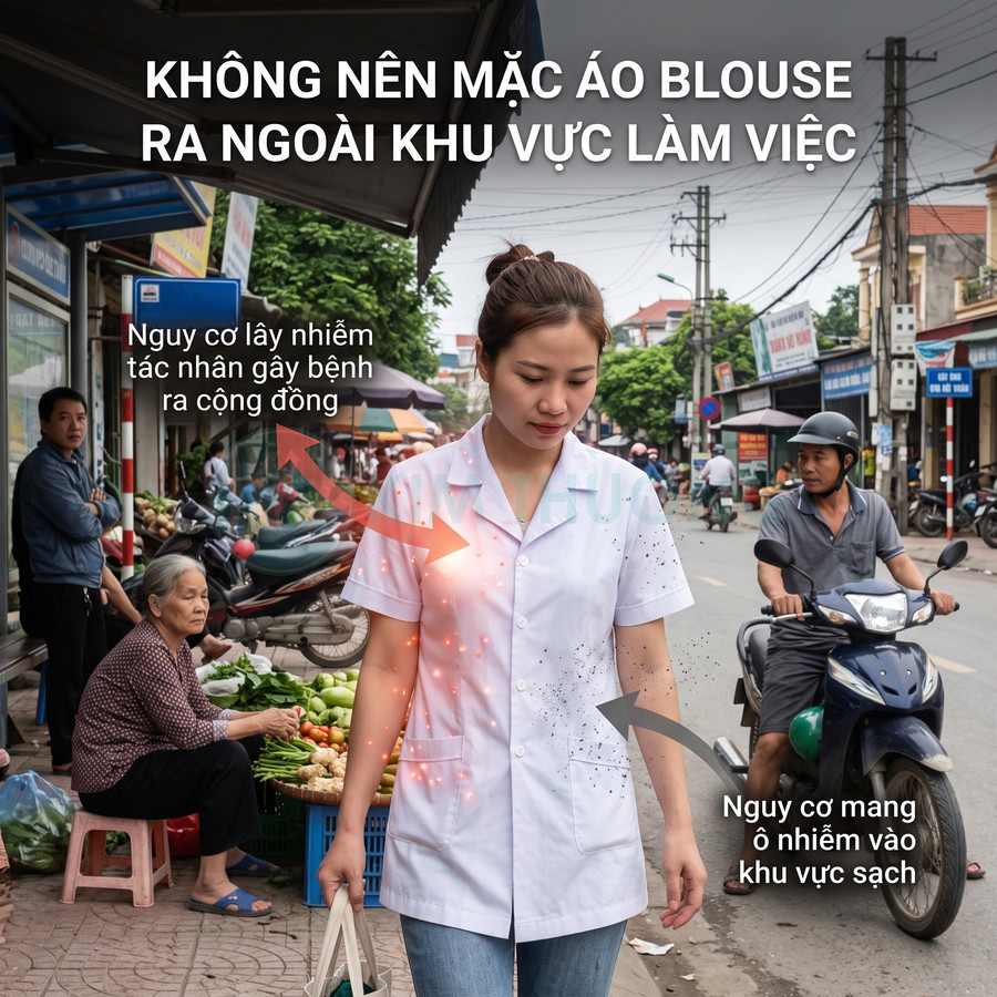 Nhân viên y tế mặc áo blouse đi chợ ngoài đường phố, cảnh báo nguy cơ lây nhiễm và mang ô nhiễm vào khu vực sạch